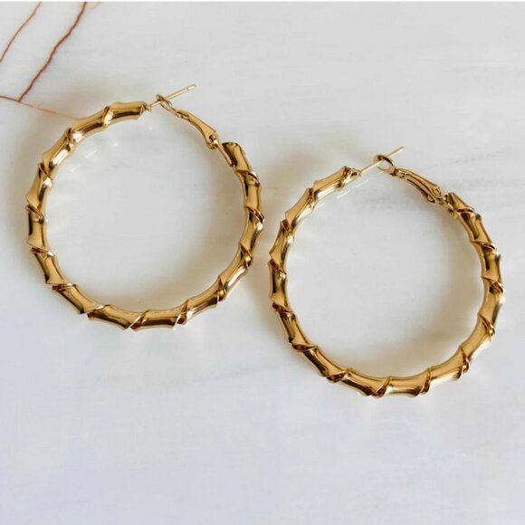 14K Gold Womens 3" Large Twisted Gold Bamboo Earrings 3 inch Ladies 14 K Jewelry - Picture 3 of 5